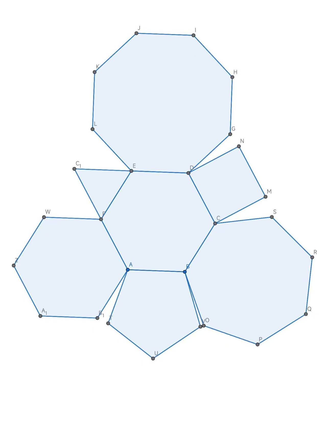 Diagram of the inn's floor plan: a central regular hexagon surrounded by six regular-polygon rooms, from triangle to octagon, sharing edges.