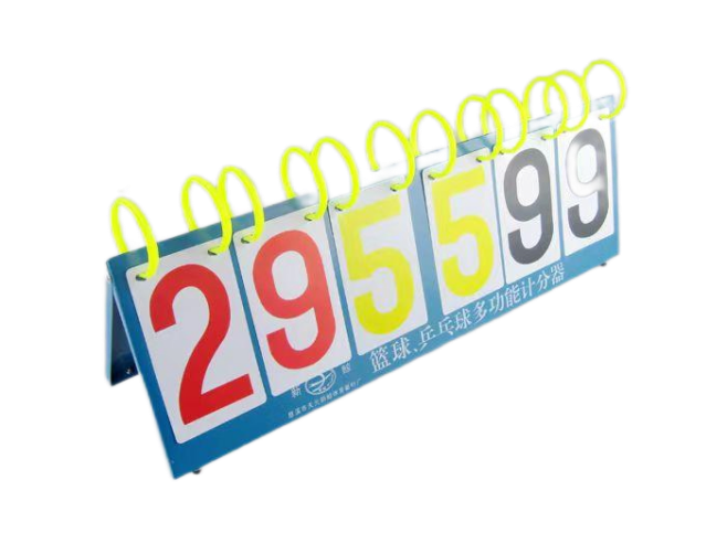 A folding sports scoreboard with flip cards, showing the digits 2 9 5 5 9 9.